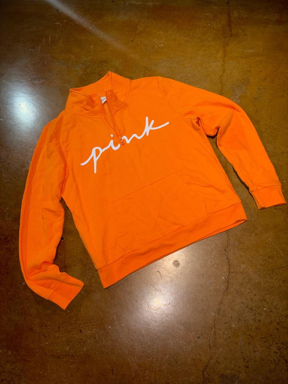 PINK Victoria's Secret Orange Quarter-Zip Pullover with White Script